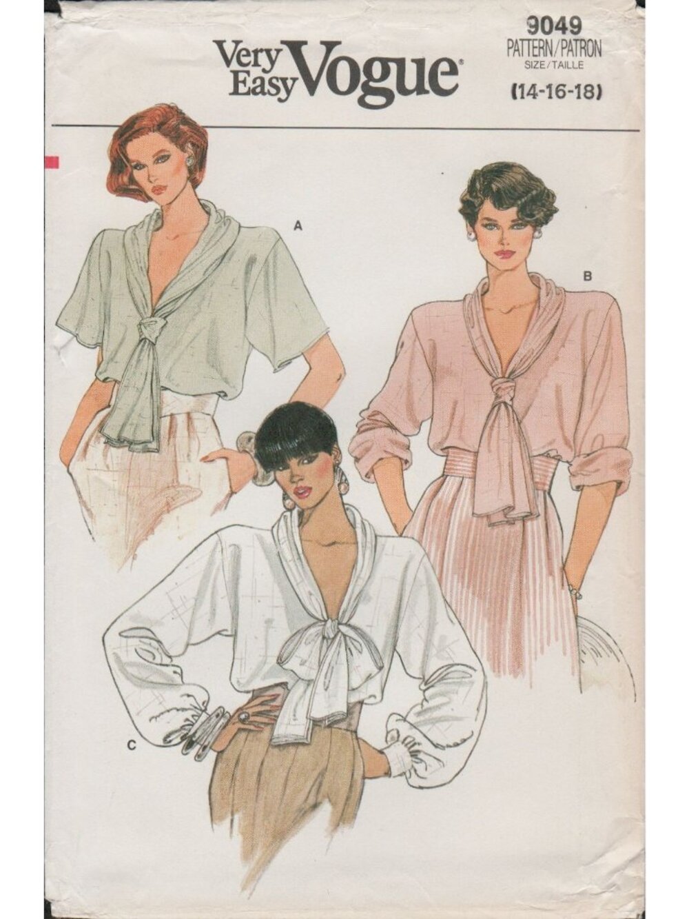 Very Easy Vogue 9049 Blouse With Tie Bow Collar Pattern 1980s Size 14-18 Uncut